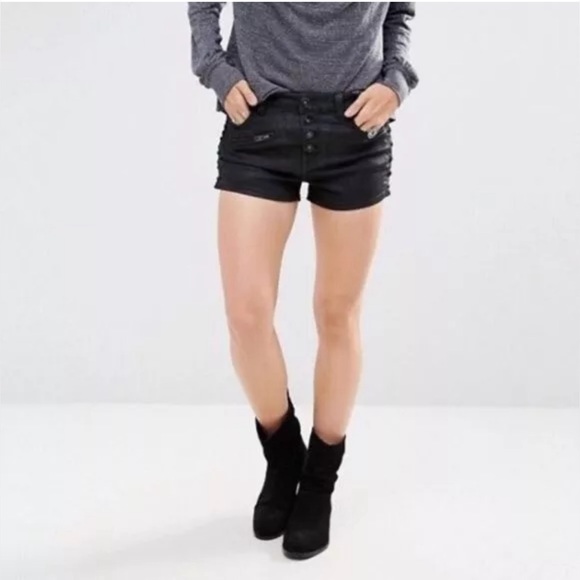 Free People Lone Ranger Black Denim Jean Shorts Lace Up Size 27 - Picture 2 of 11